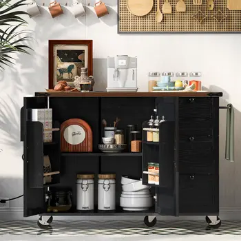 55" Black Wood Rolling Kitchen Island
