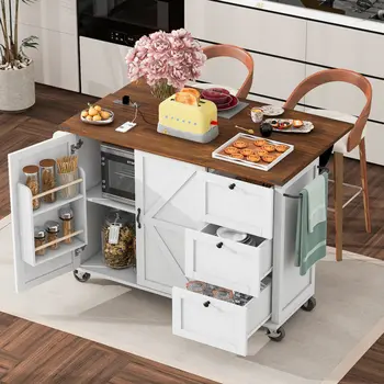 55" White Wood Rolling Kitchen Island