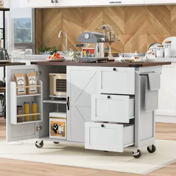 55" White Wood Rolling Kitchen Island
