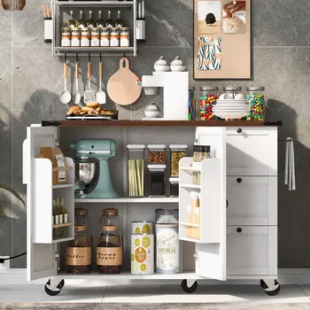 55" White Wood Rolling Kitchen Island