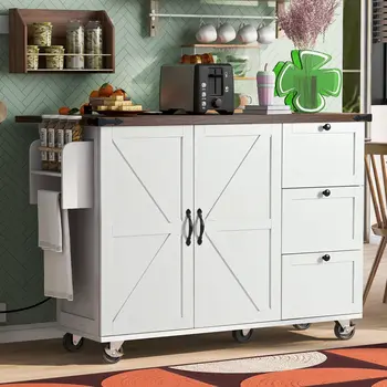 55" White Wood Rolling Kitchen Island