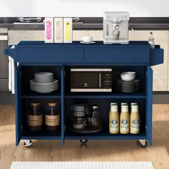 53" Navy Blue Wood Rolling Kitchen Island