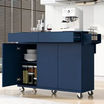 53" Navy Blue Wood Rolling Kitchen Island