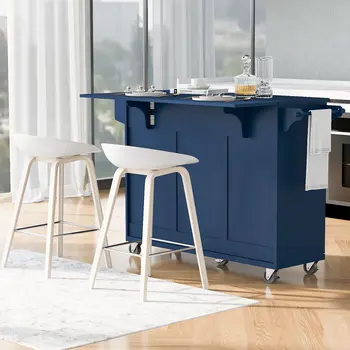 53" Navy Blue Wood Rolling Kitchen Island