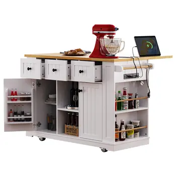 53" White Wood Rolling Kitchen Island With Storage