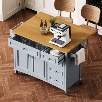 52" Light Blue Wood Rolling Kitchen Island