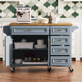 52" Light Blue Wood Rolling Kitchen Island