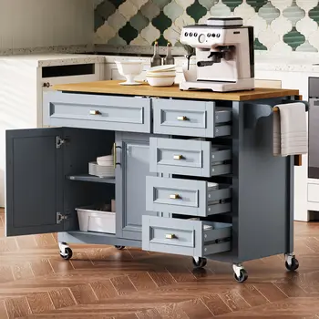 52" Light Blue Wood Rolling Kitchen Island