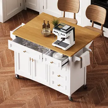 52" White Wood Rolling Kitchen Island