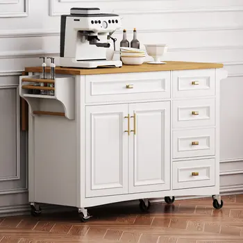 52" White Wood Rolling Kitchen Island