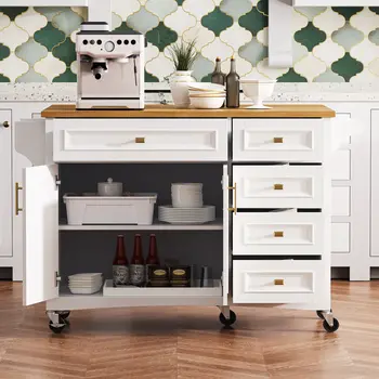52" White Wood Rolling Kitchen Island