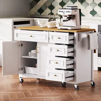 52" White Wood Rolling Kitchen Island