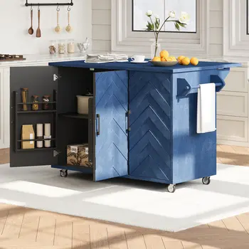 51" Blue Wood Rolling Kitchen Island