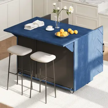 51" Blue Wood Rolling Kitchen Island