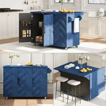 51" Blue Wood Rolling Kitchen Island
