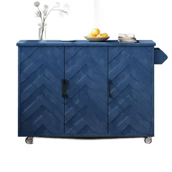 51" Blue Wood Rolling Kitchen Island