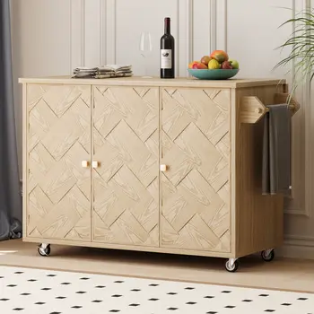 51" Natural Wood Rolling Kitchen Island