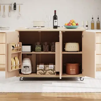 51" Natural Wood Rolling Kitchen Island