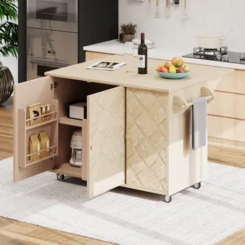 51" Natural Wood Rolling Kitchen Island
