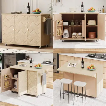 51" Natural Wood Rolling Kitchen Island