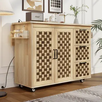 53" Natural Wood Rolling Kitchen Island