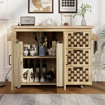 53" Natural Wood Rolling Kitchen Island