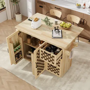 53" Natural Wood Rolling Kitchen Island