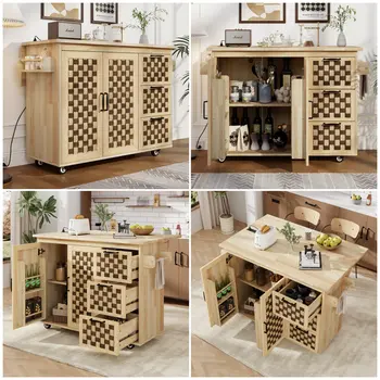 53" Natural Wood Rolling Kitchen Island