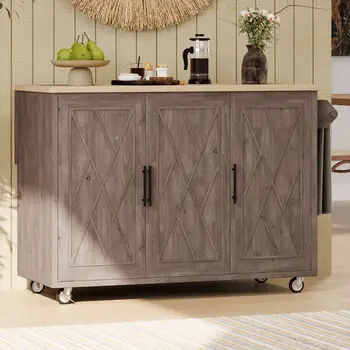 51" Brown Wood Rolling Kitchen Island