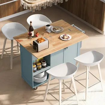 49" Light Blue Wood Rolling Kitchen Island With Storage