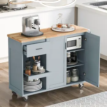 49" Light Blue Wood Rolling Kitchen Island With Storage
