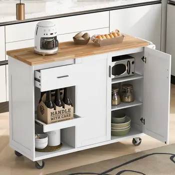 49" White Wood Rolling Kitchen Island With Storage