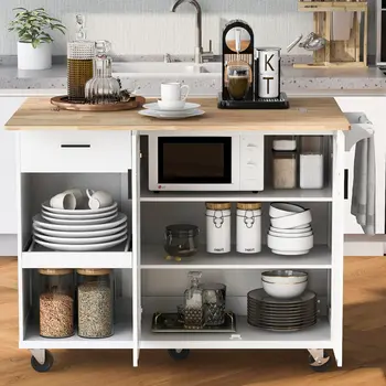 49" White Wood Rolling Kitchen Island With Storage