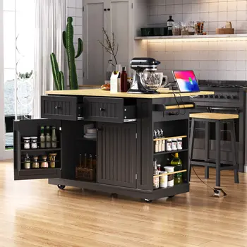 48" Black Wood Rolling Kitchen Island With Storage