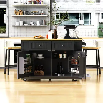 48" Black Wood Rolling Kitchen Island With Storage