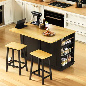 48" Black Wood Rolling Kitchen Island With Storage