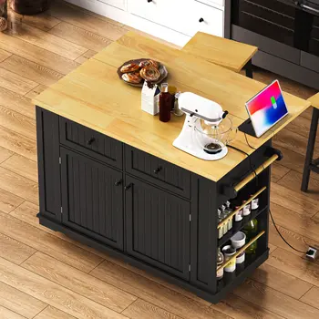 48" Black Wood Rolling Kitchen Island With Storage
