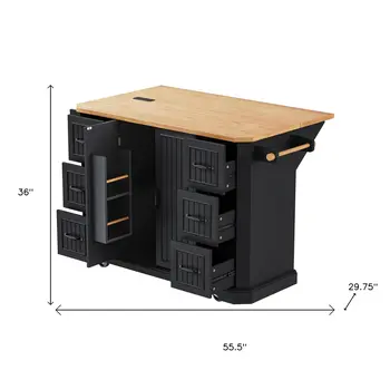 56" Black Wood Rolling Kitchen Island