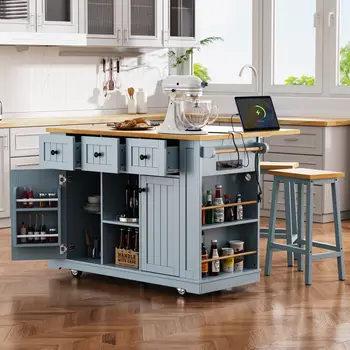 53" Light Blue Wood Rolling Kitchen Island Set With Storage