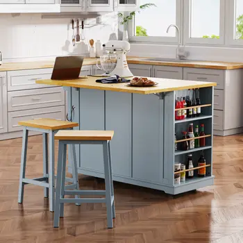 53" Light Blue Wood Rolling Kitchen Island Set With Storage