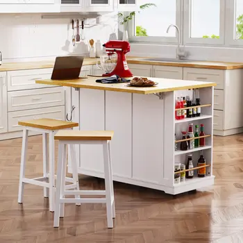 53" White Wood Rolling Kitchen Island Set With Storage