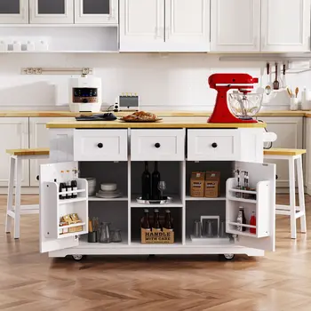 53" White Wood Rolling Kitchen Island Set With Storage