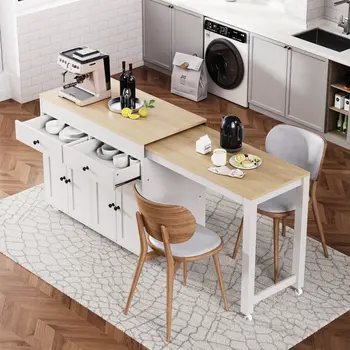 51" White Wood Rolling Kitchen Island