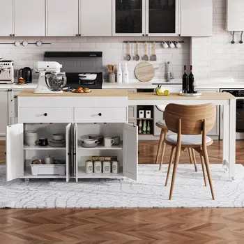 51" White Wood Rolling Kitchen Island