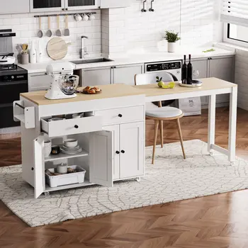 51" White Wood Rolling Kitchen Island
