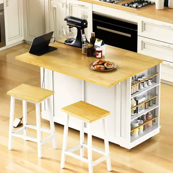 45" White Wood Rolling Kitchen Island Set With Storage