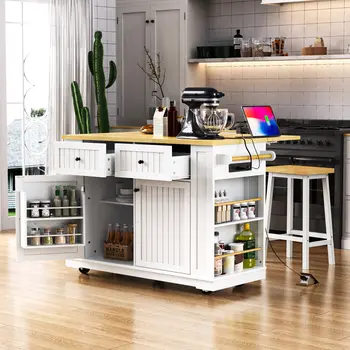 45" White Wood Rolling Kitchen Island Set With Storage