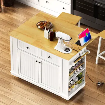 45" White Wood Rolling Kitchen Island Set With Storage