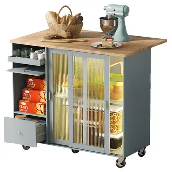 44" Light Blue Wood Rolling Kitchen Island With Storage