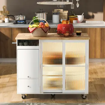 44" White Wood Rolling Kitchen Island With Storage